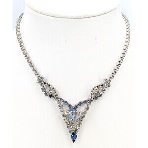 Vintage Necklace Blue Clear Rhinestone Silver Tone V Drop Crystal Choker 15 in